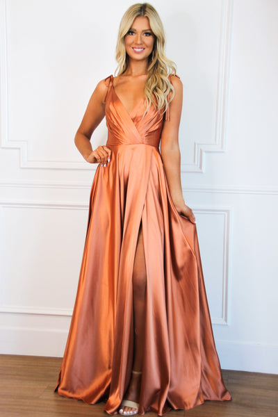Born to Love You Satin Slit Formal Dress: Rust - Bella and Bloom Boutique