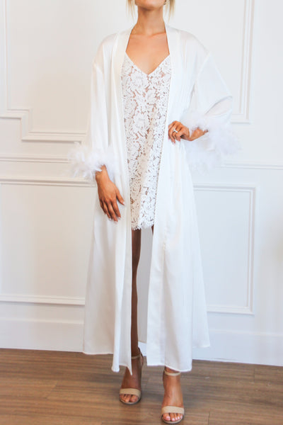 Wedding Day Satin Feather Long Robe: White - Bella and Bloom Boutique