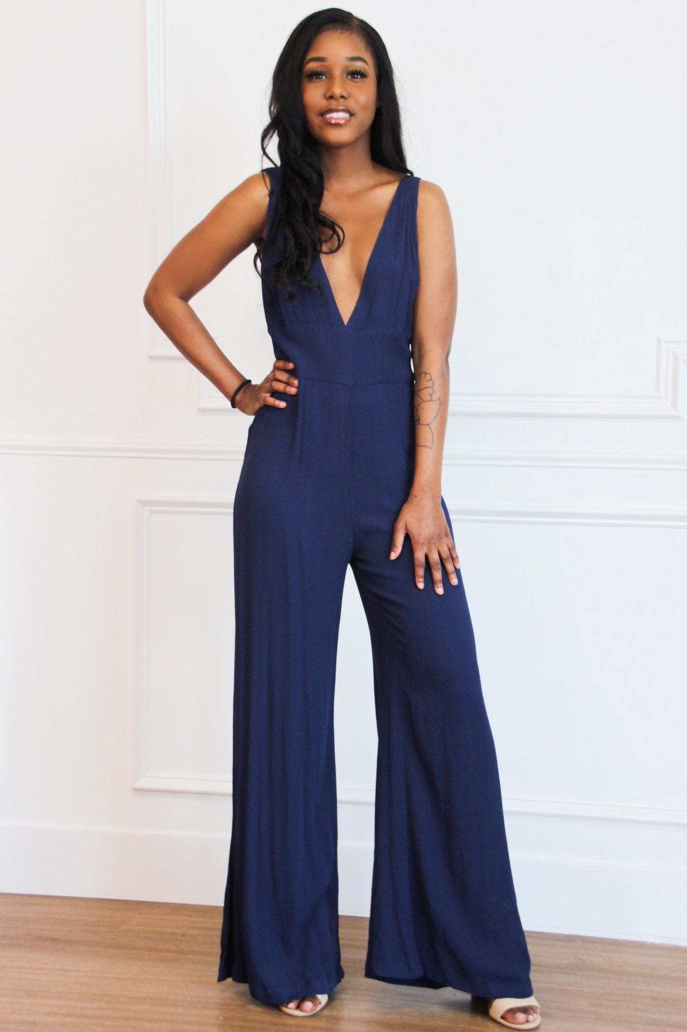 Keep Talking Jumpsuit: Navy - Bella and Bloom Boutique