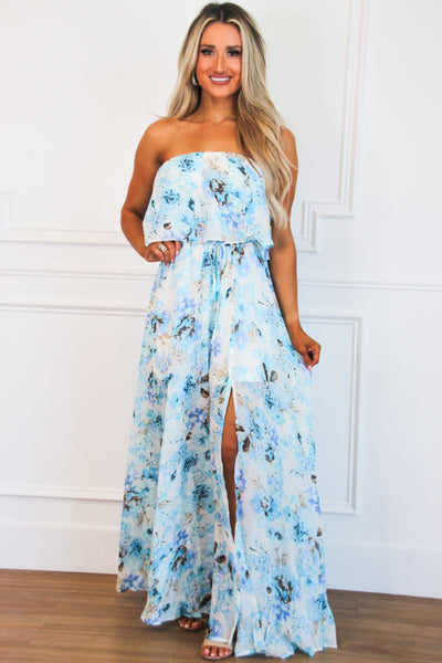 Watercolor Florals Maxi Dress: White/Blue Multi - Bella and Bloom Boutique
