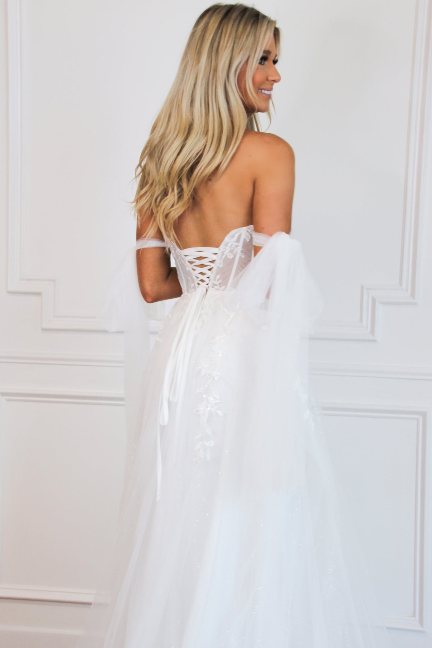 Reina Bustier Tulle Slit Wedding Dress: Off White - Bella and Bloom Boutique