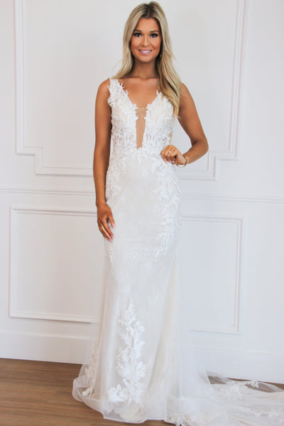 Avery Nude Illusion Lace Wedding Dress: Ivory/Champagne - Bella and Bloom Boutique
