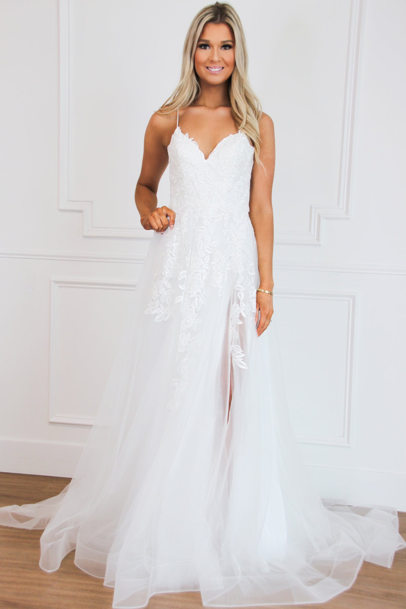 Grace Tulle Lace Slit Wedding Dress: White - Bella and Bloom Boutique