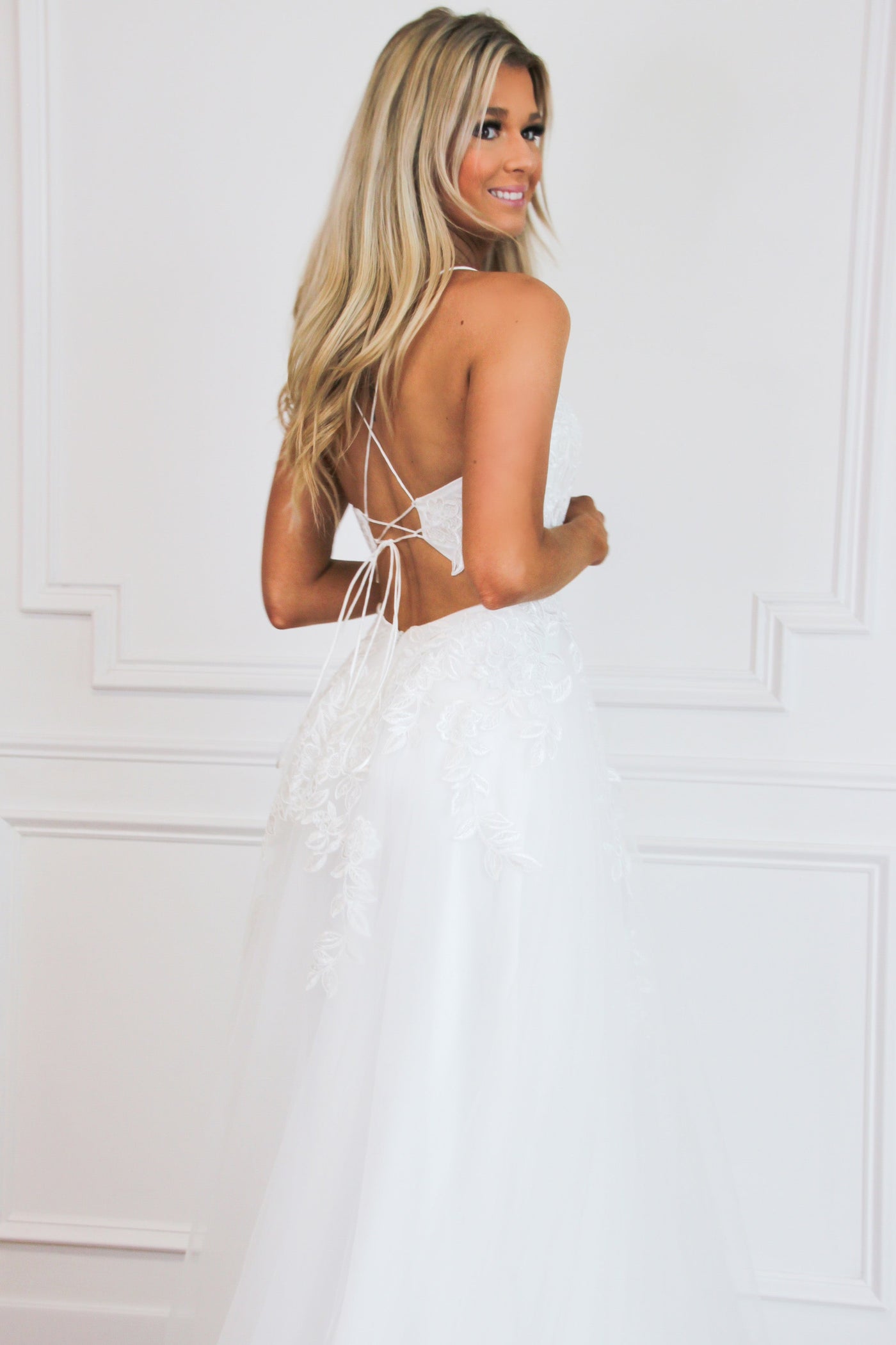 Grace Tulle Lace Slit Wedding Dress: White - Bella and Bloom Boutique