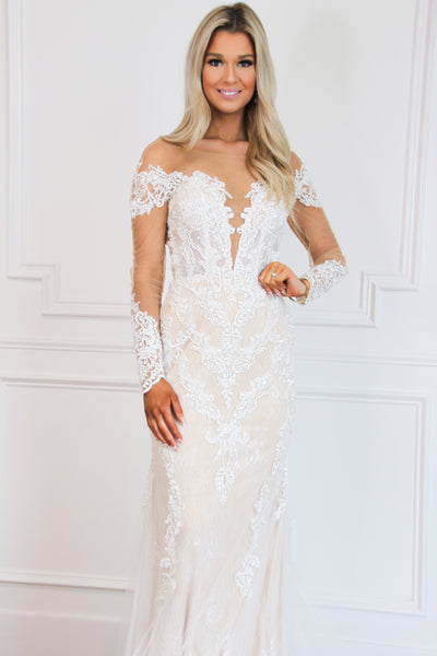 Alyce Bohemian Nude Illusion Lace Long Sleeve Wedding Dress: Ivory/Champagne - Bella and Bloom Boutique