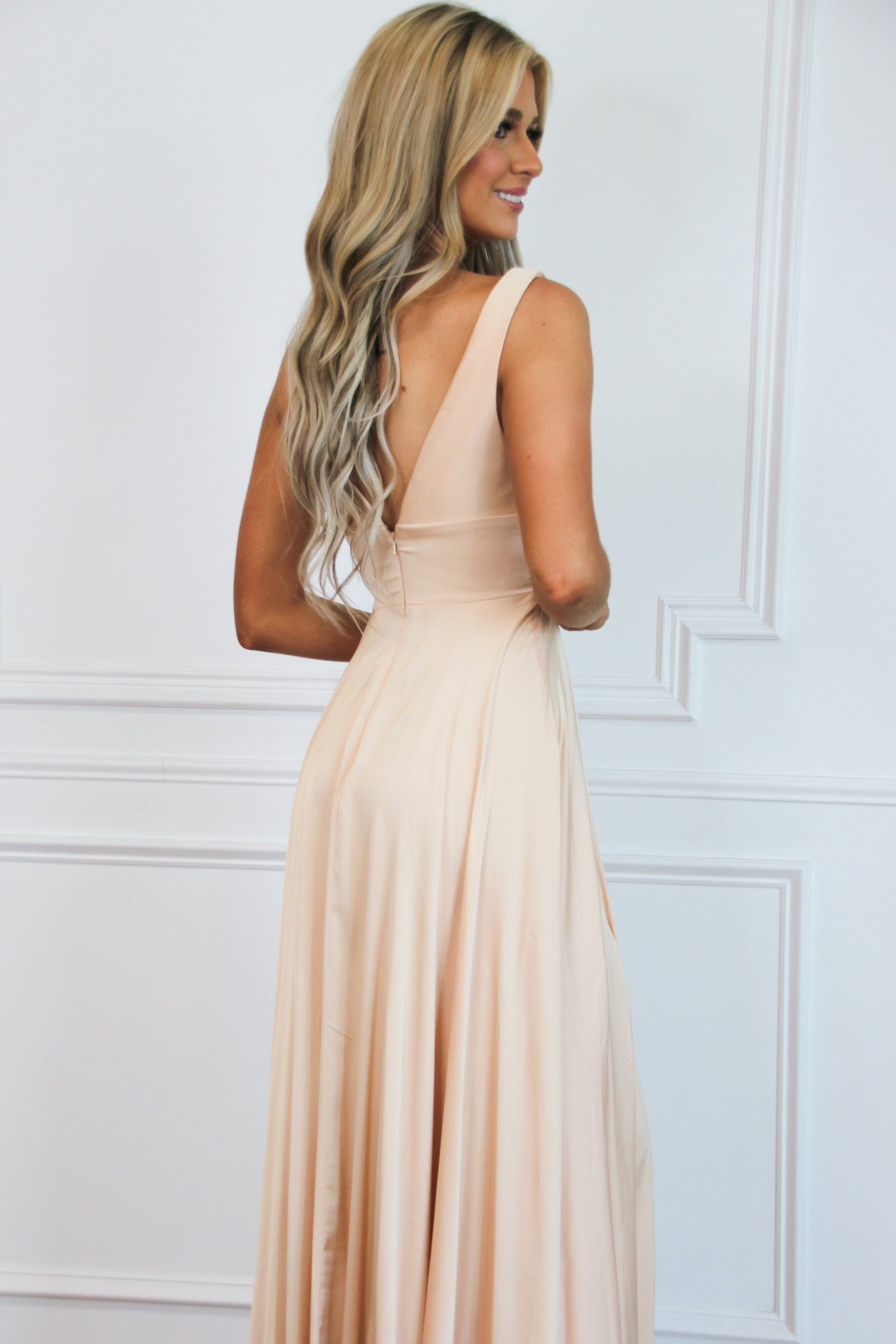Remi Satin V-Neck Slit Formal Dress: Champagne - Bella and Bloom Boutique