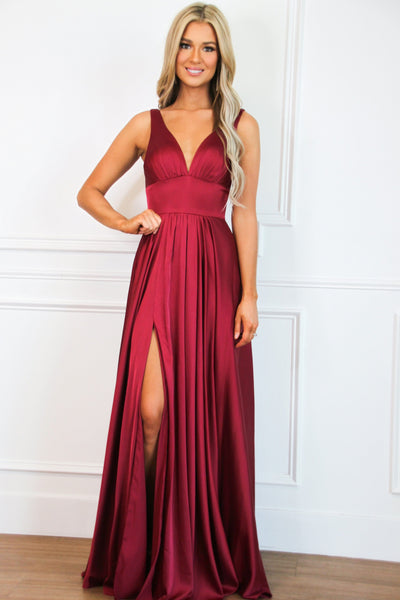 Remi Satin V-Neck Slit Formal Dress: Burgundy - Bella and Bloom Boutique