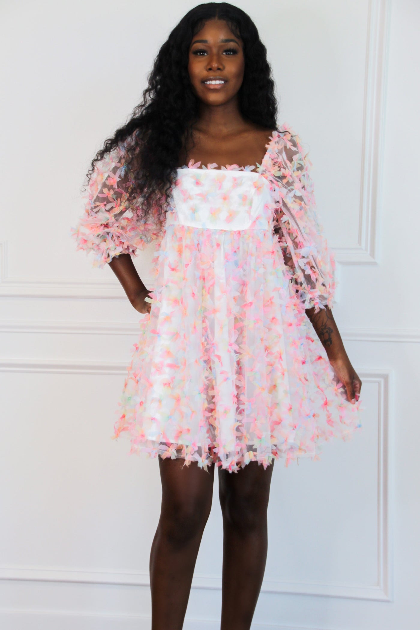 Rainbow Wishes Applique Dress: White Multi - Bella and Bloom Boutique