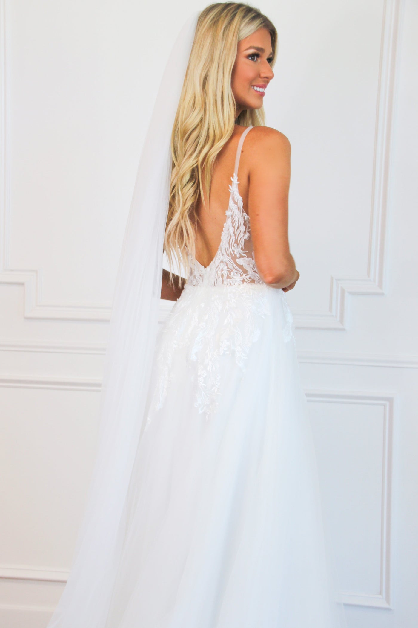 Stella Lace Nude Illusion Tulle Wedding Dress: White - Bella and Bloom Boutique