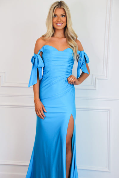 Southern Class Bow Sleeve Formal Dress: Ocean Blue - Bella and Bloom Boutique