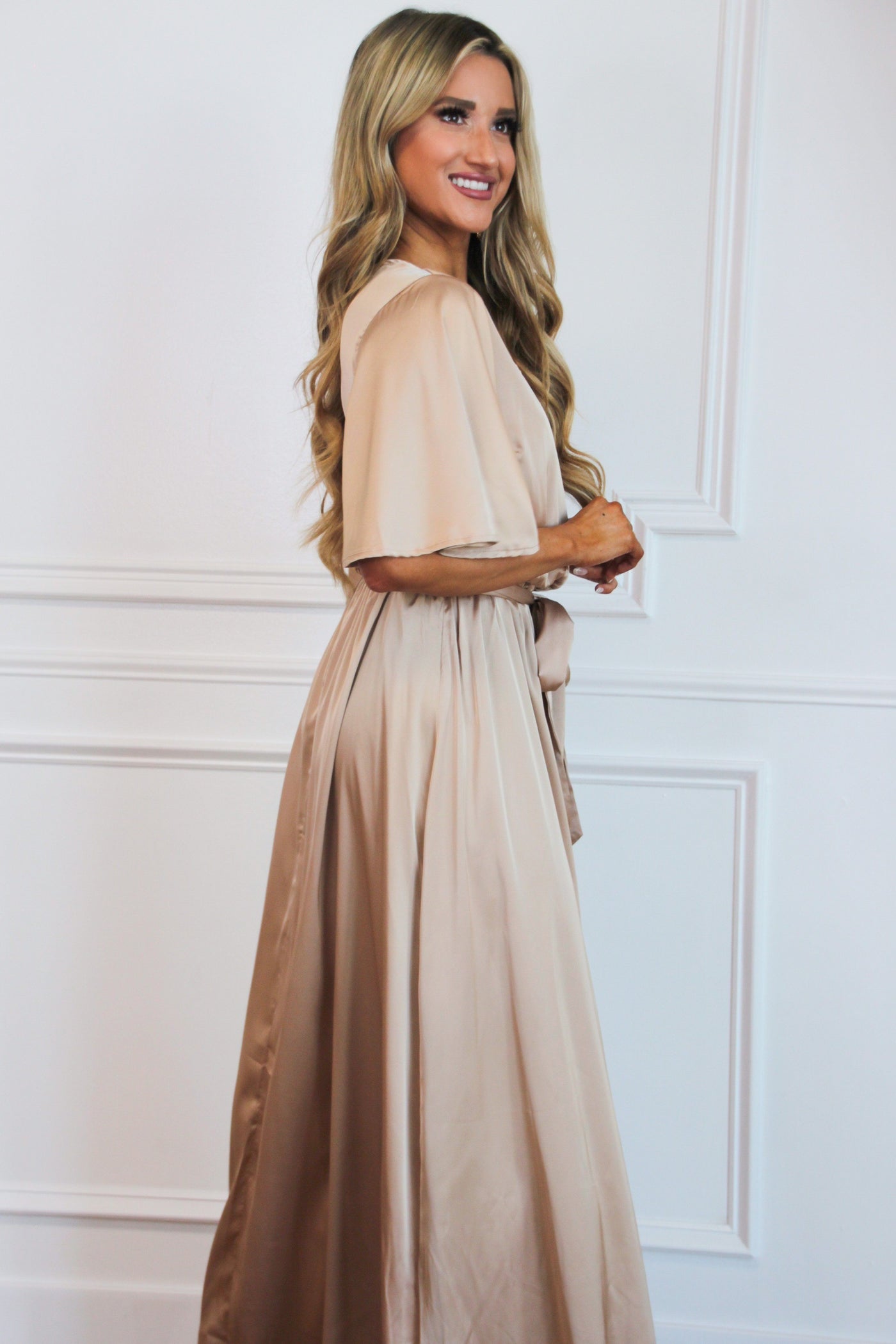 Raleigh Satin Maxi Dress: Champagne - Bella and Bloom Boutique