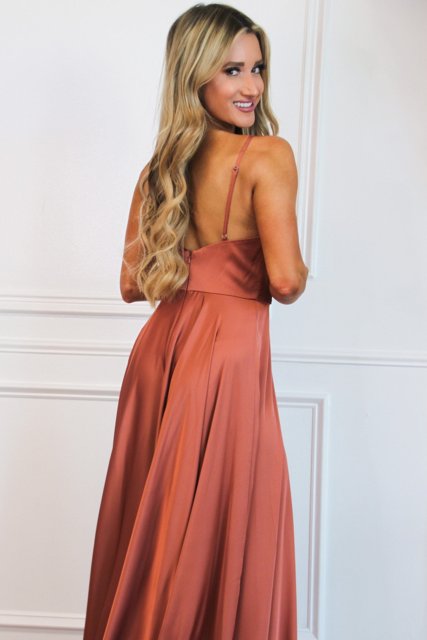 Ella Satin Slit Formal Dress: Rust - Bella and Bloom Boutique