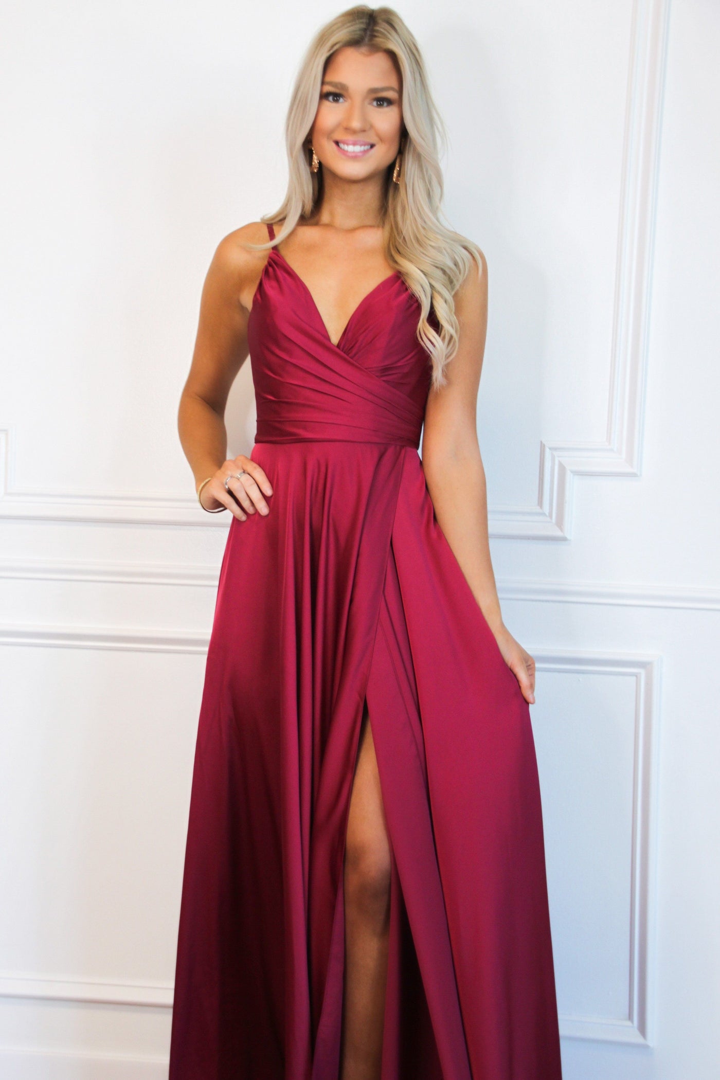Ella Satin Slit Formal Dress: Burgundy - Bella and Bloom Boutique