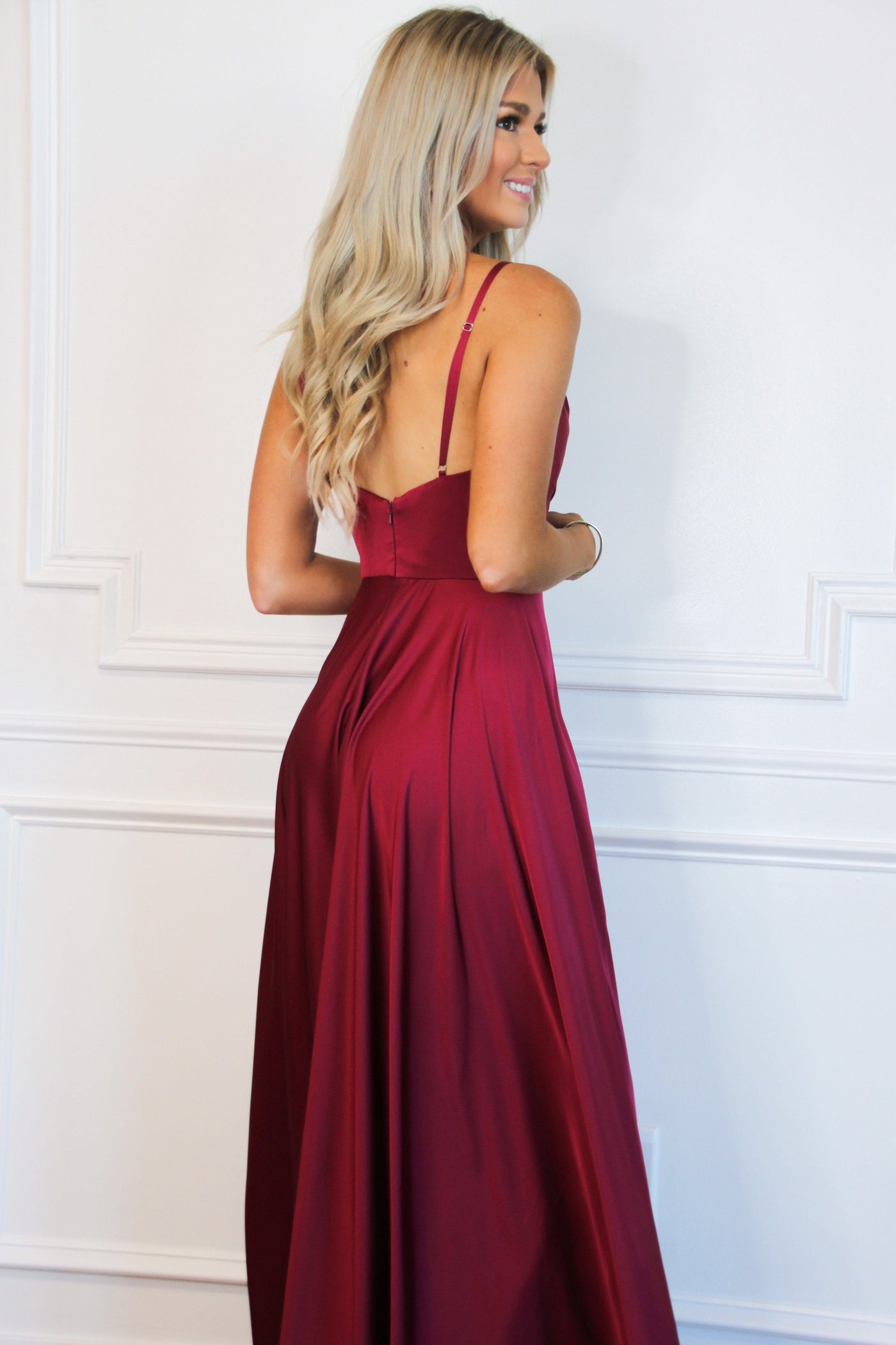 Ella Satin Slit Formal Dress: Burgundy - Bella and Bloom Boutique