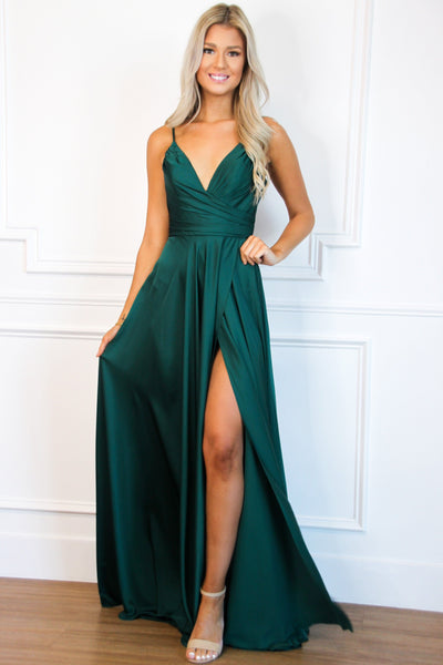 Ella Satin Slit Formal Dress: Emerald - Bella and Bloom Boutique