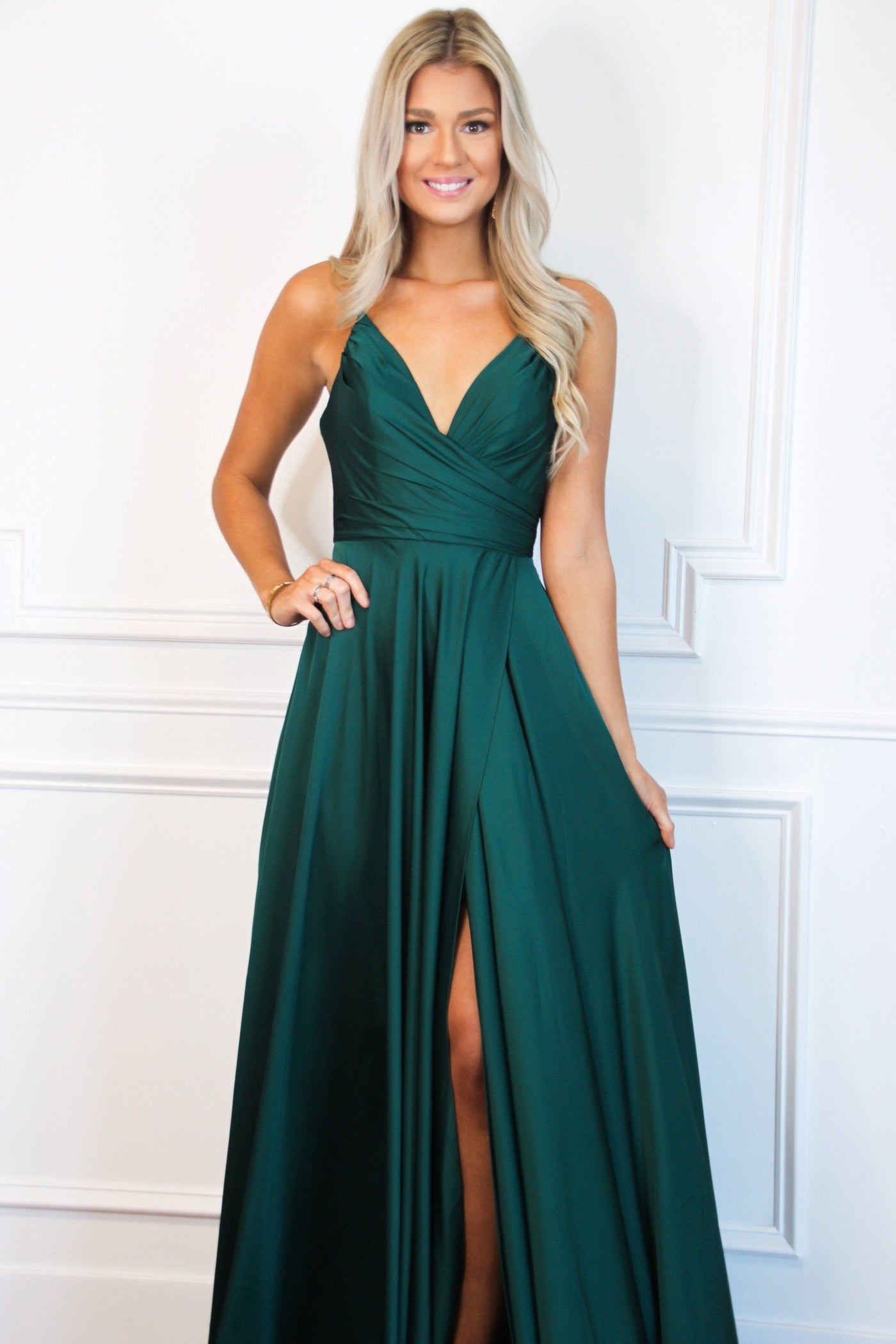 Ella Satin Slit Formal Dress: Emerald - Bella and Bloom Boutique