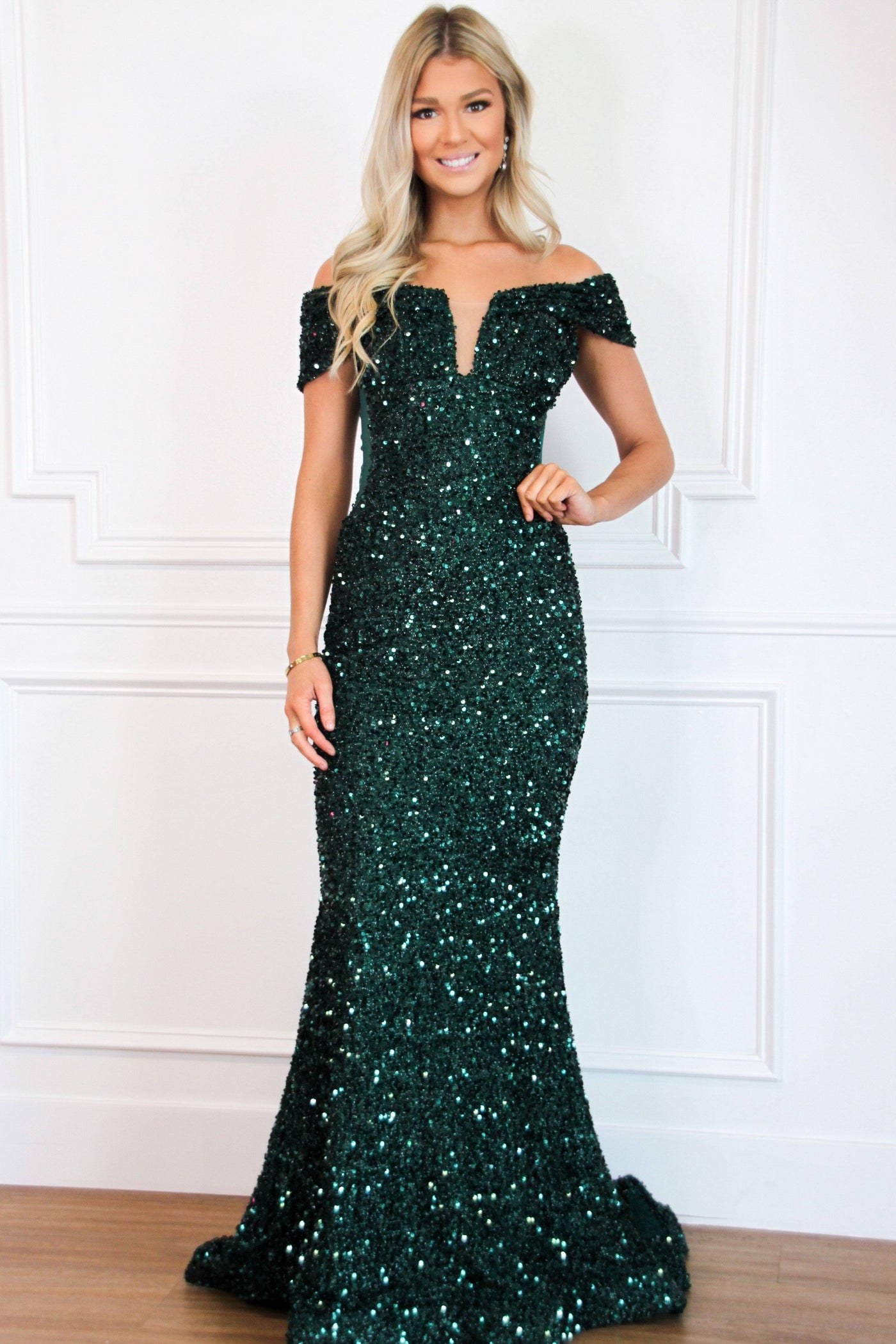 Stardust Sequin Off Shoulder Formal Dress: Emerald - Bella and Bloom Boutique