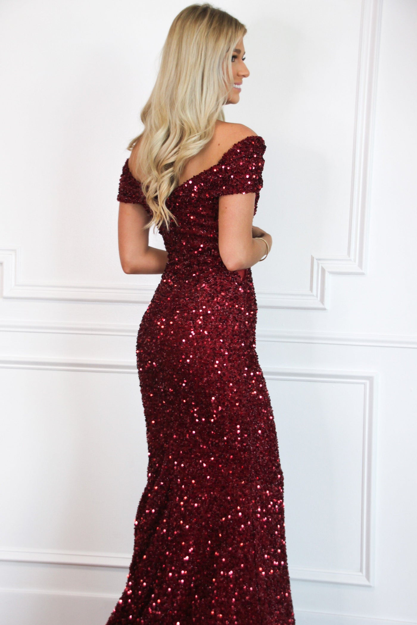 Stardust Sequin Off Shoulder Formal Dress: Burgundy - Bella and Bloom Boutique