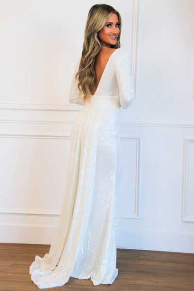 Let Love In Sequin Long Sleeve Formal Maxi Dress: White - Bella and Bloom Boutique