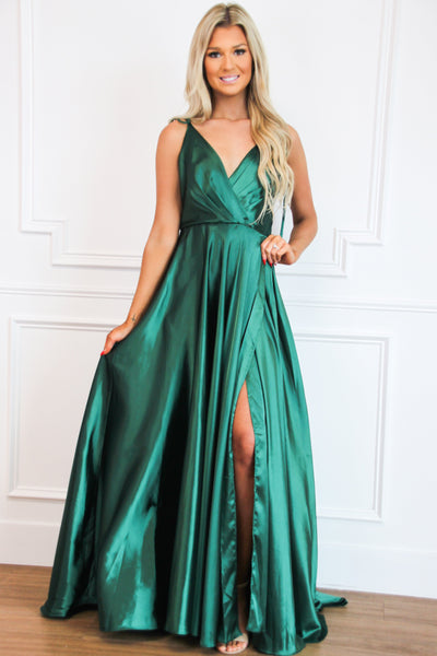Born to Love You Satin Slit Formal Dress: Emerald - Bella and Bloom Boutique