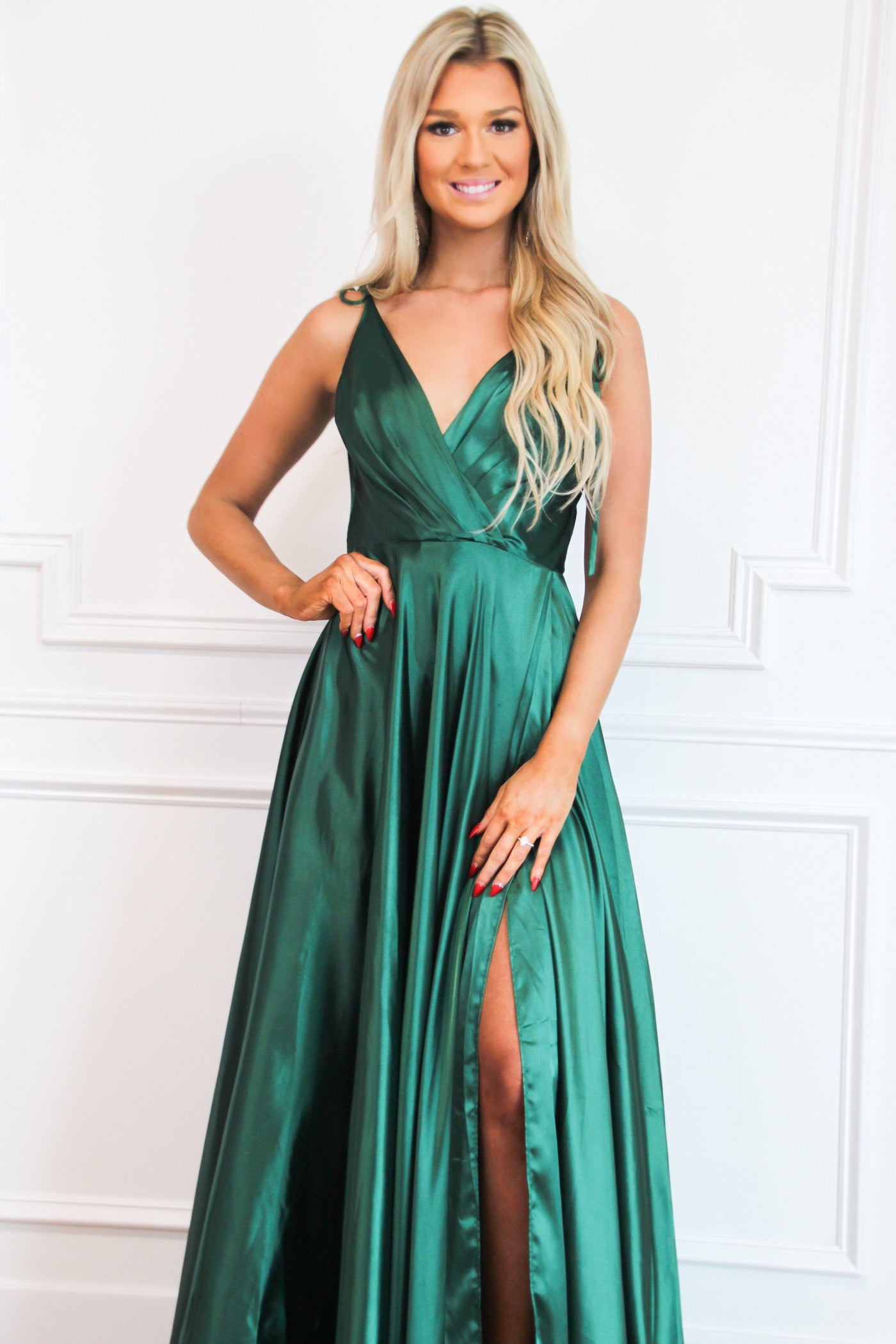 Born to Love You Satin Slit Formal Dress: Emerald - Bella and Bloom Boutique