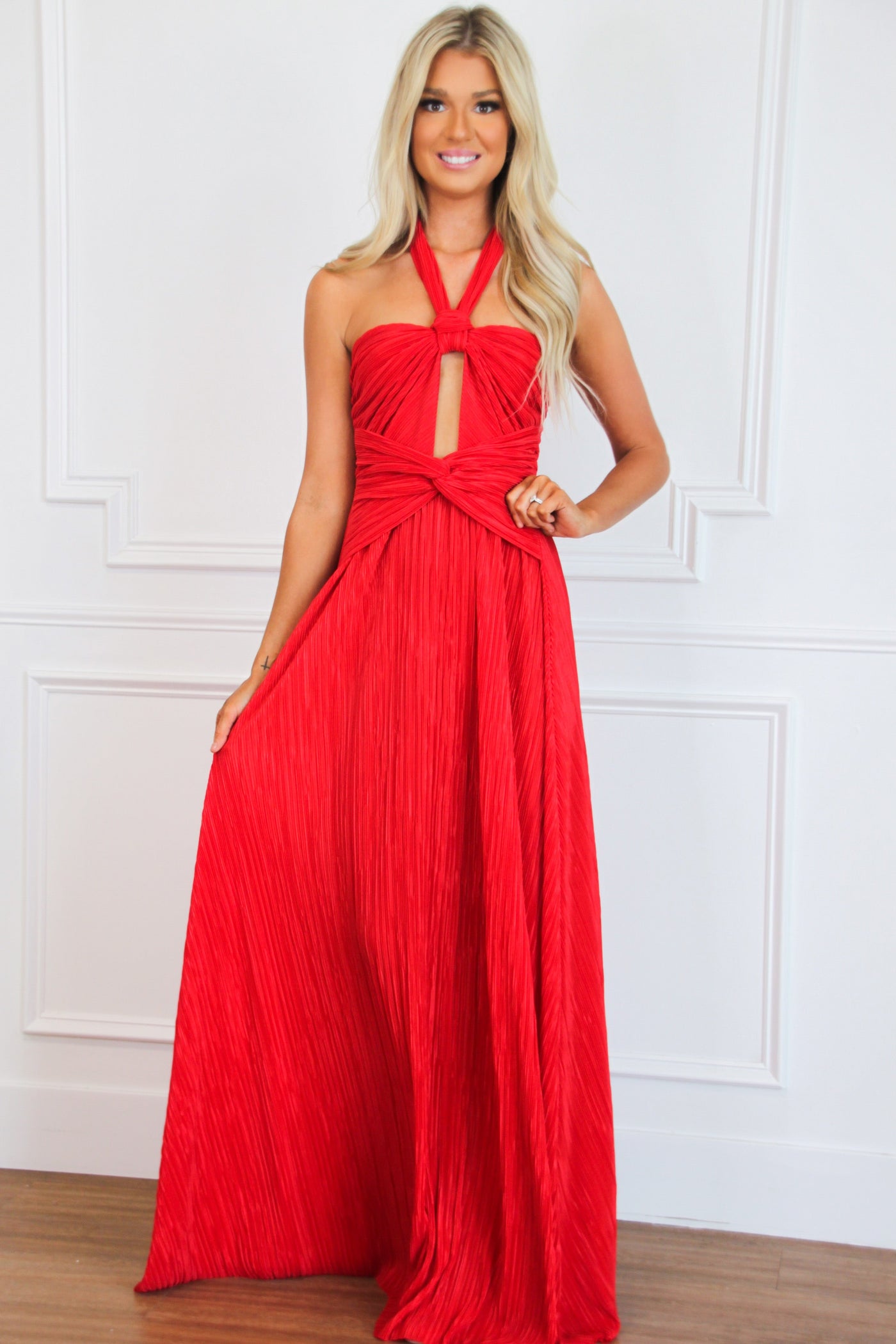Bella and Bloom Boutique - Misha Cutout Pleated Maxi Dress: Red