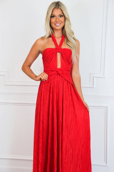 Misha Cutout Pleated Maxi Dress: Red - Bella and Bloom Boutique