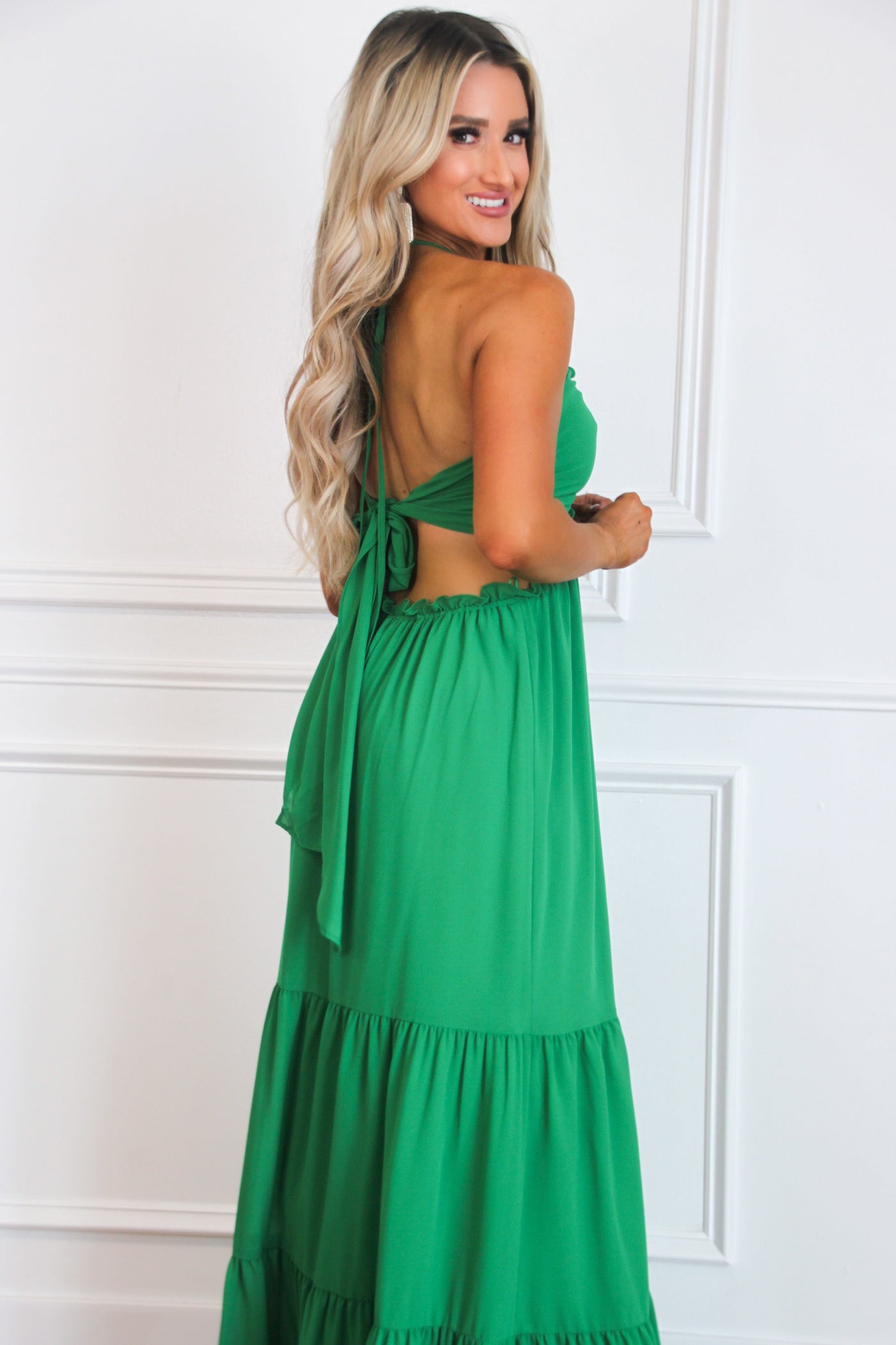 Lilly Ruffle Open Back Maxi Dress: Green - Bella and Bloom Boutique