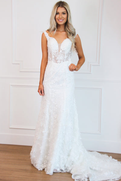 Enchanted Beauty Off Shoulder Floral Appliqué Wedding Dress: White - Bella and Bloom Boutique