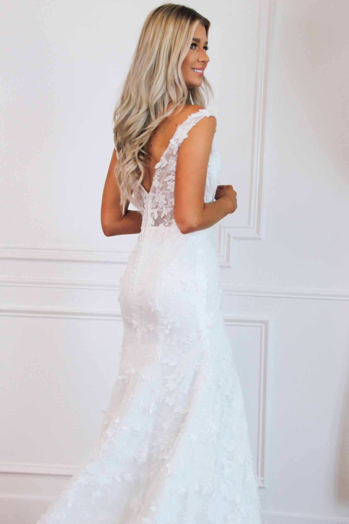 Enchanted Beauty Off Shoulder Floral Appliqué Wedding Dress: White - Bella and Bloom Boutique