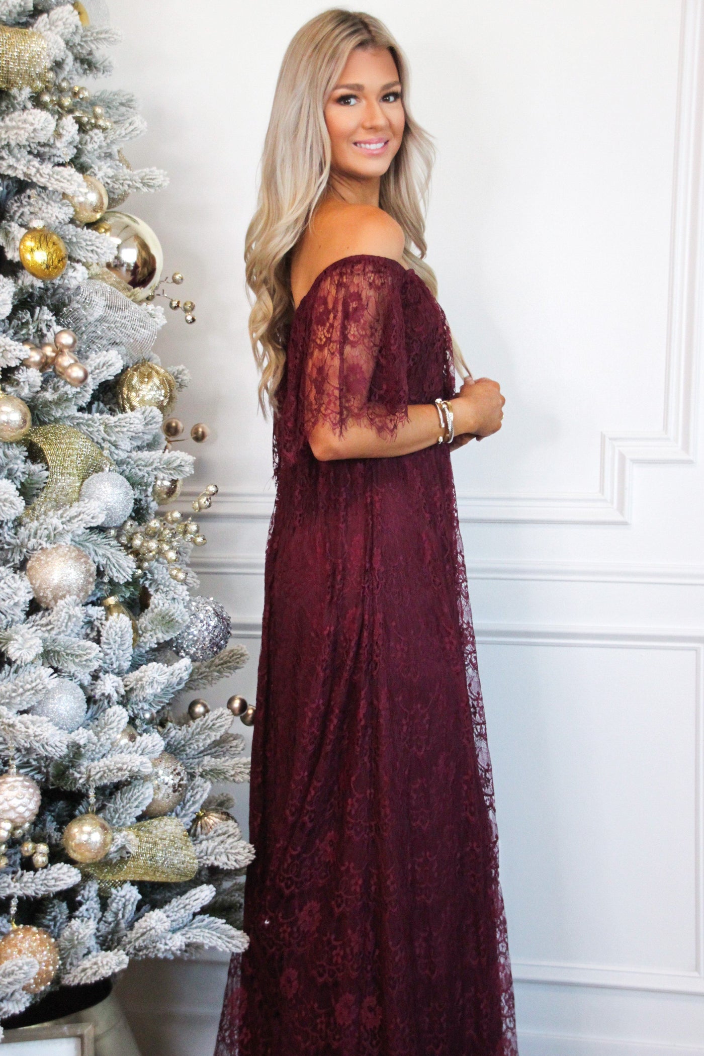 Enchanted to Meet You Lace Maxi Dress: Burgundy - Bella and Bloom Boutique