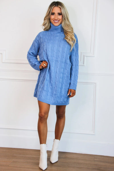 Hadley Turtleneck Sweater Dress: Blue - Bella and Bloom Boutique