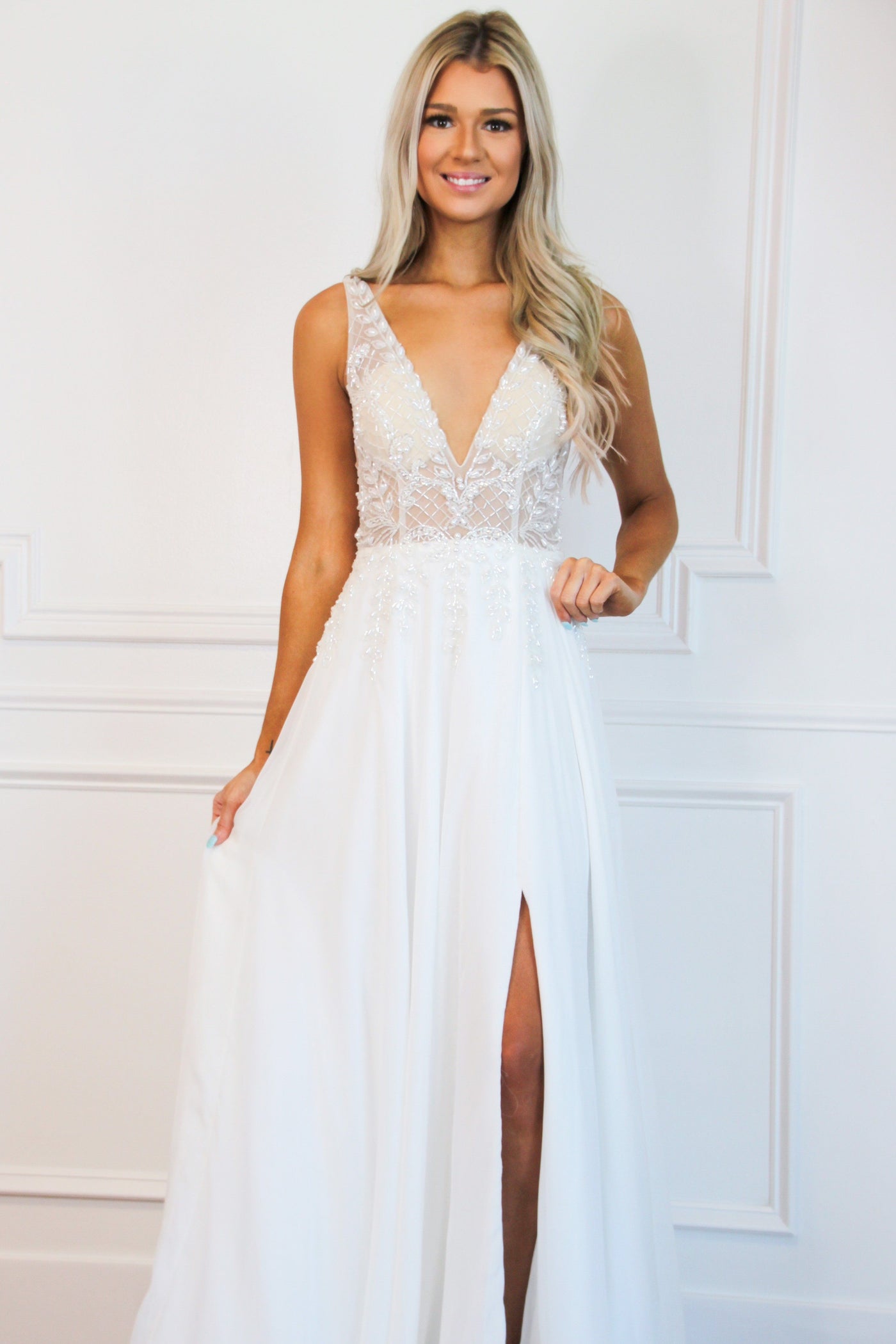 In the Details Beaded Chiffon Wedding Dress: White - Bella and Bloom Boutique