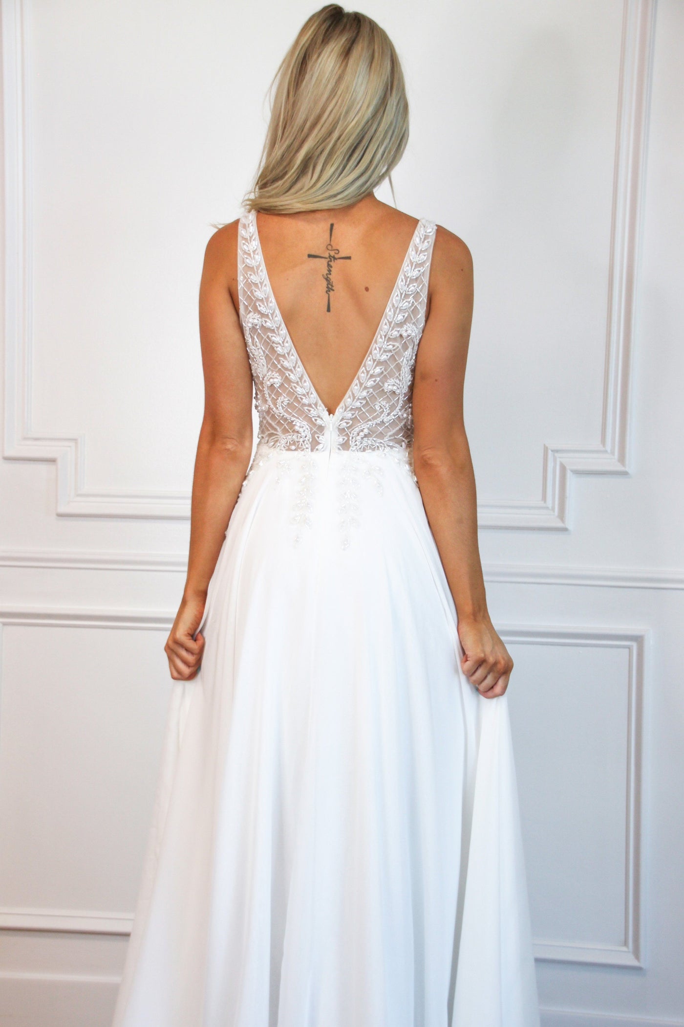 In the Details Beaded Chiffon Wedding Dress: White - Bella and Bloom Boutique