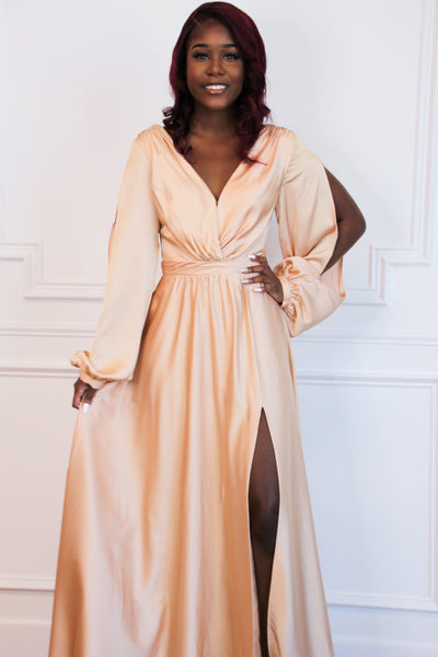 Scarlett Long Sleeve Slit Formal Dress: Champagne - Bella and Bloom Boutique