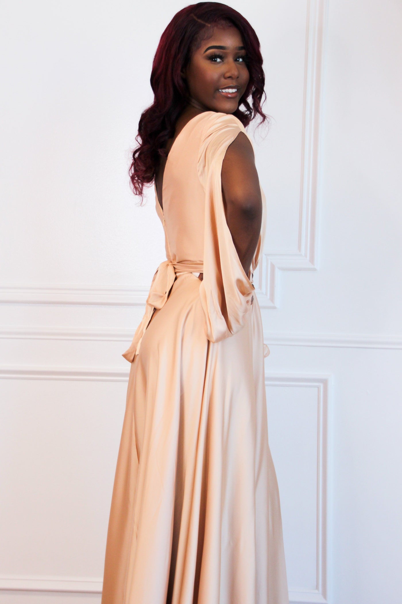 Scarlett Long Sleeve Slit Formal Dress: Champagne - Bella and Bloom Boutique