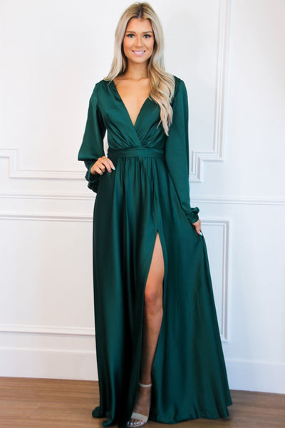 Scarlett Long Sleeve Slit Formal Dress: Emerald - Bella and Bloom Boutique