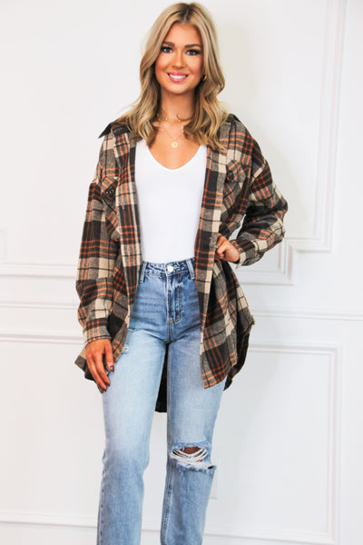 Look Within Oversized Plaid Shacket: Chocolate/Rust - Bella and Bloom Boutique