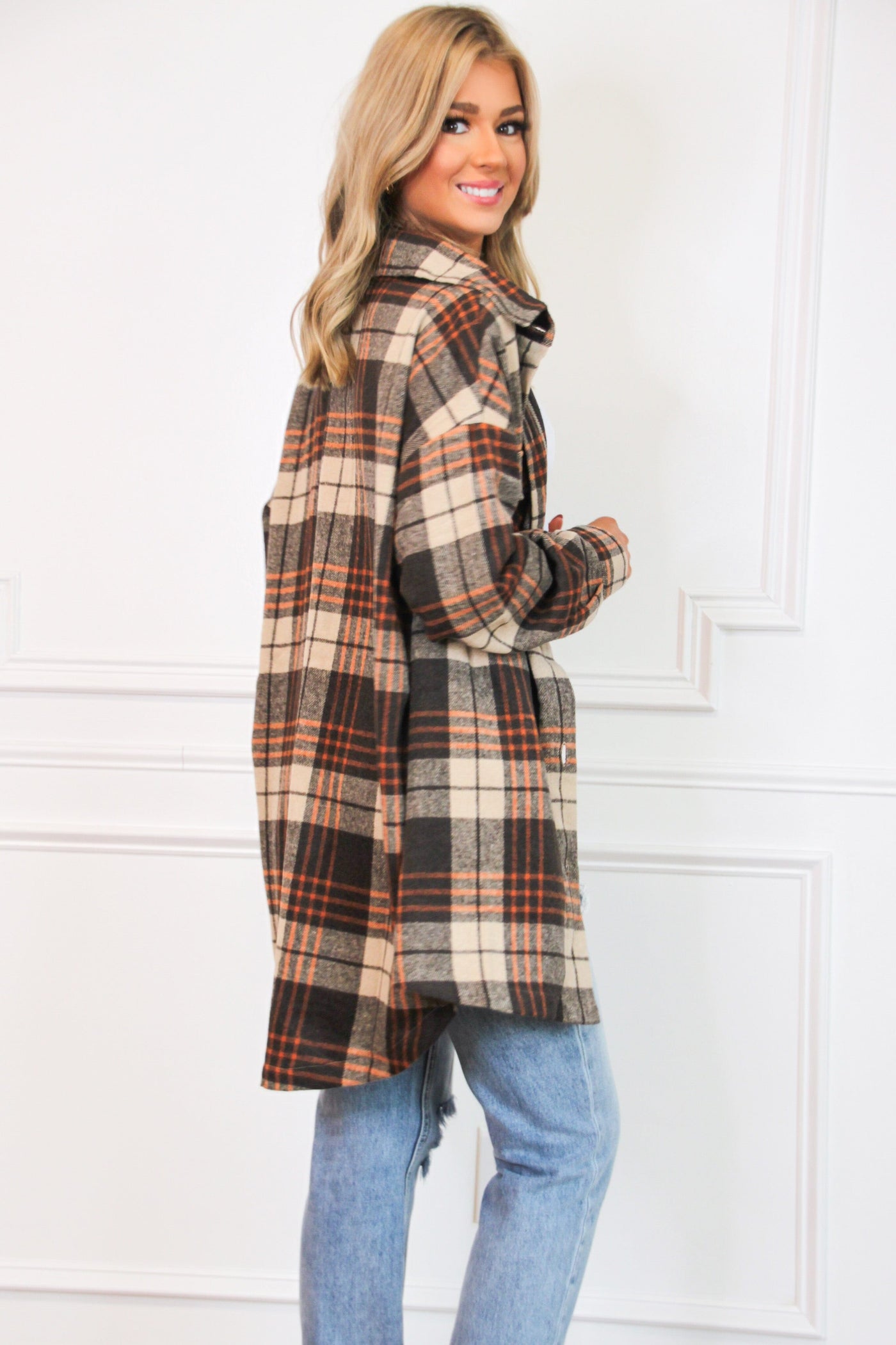Look Within Oversized Plaid Shacket: Chocolate/Rust - Bella and Bloom Boutique