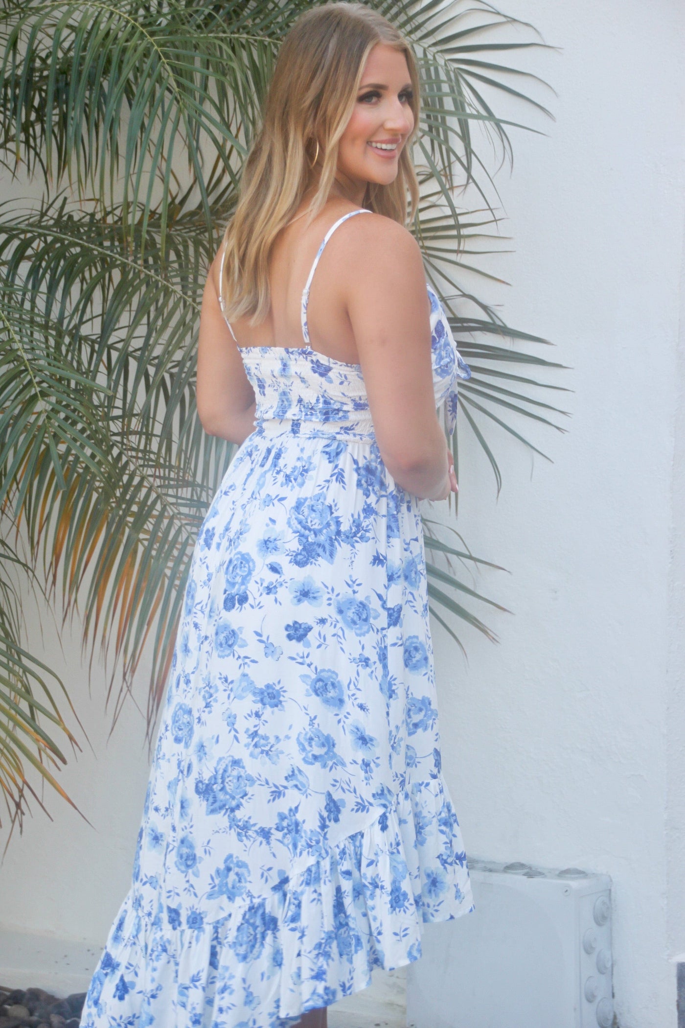 Blue Skies Floral Midi Dress: White/Blue - Bella and Bloom Boutique