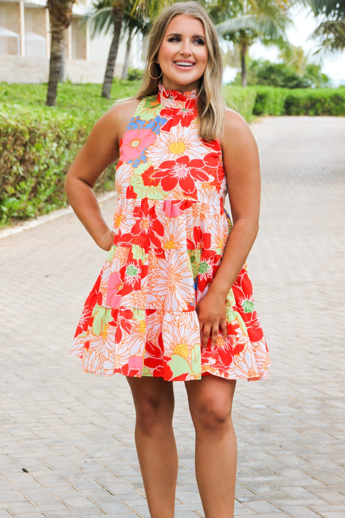 Rainbow Florals High Neck Dress: Rainbow Multi - Bella and Bloom Boutique