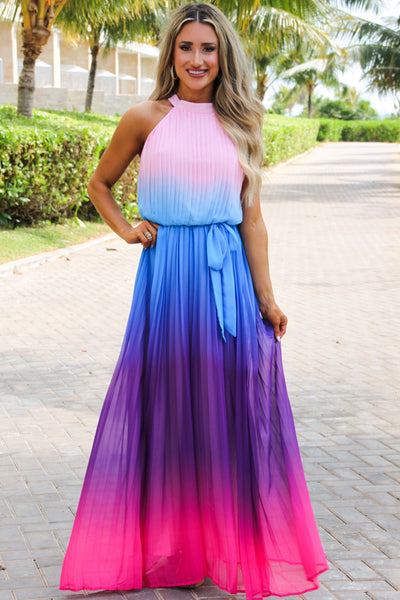 Dreamer Pleated Ombre Blouson Maxi Dress: Blue/Pink Multi - Bella and Bloom Boutique