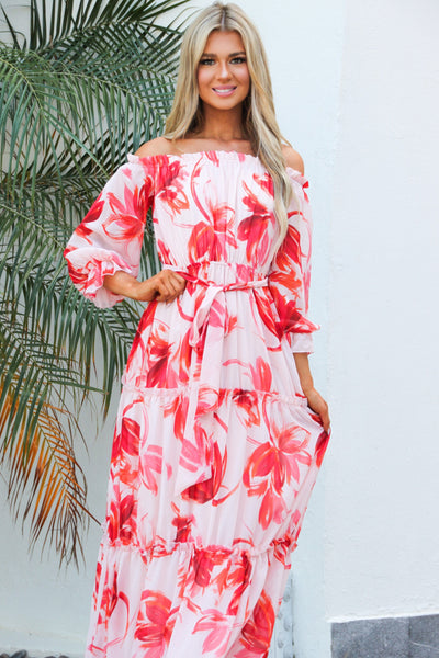 Hawaiian Bliss Off Shoulder Maxi Dress: Pink Multi - Bella and Bloom Boutique