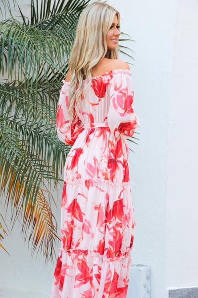Hawaiian Bliss Off Shoulder Maxi Dress: Pink Multi - Bella and Bloom Boutique