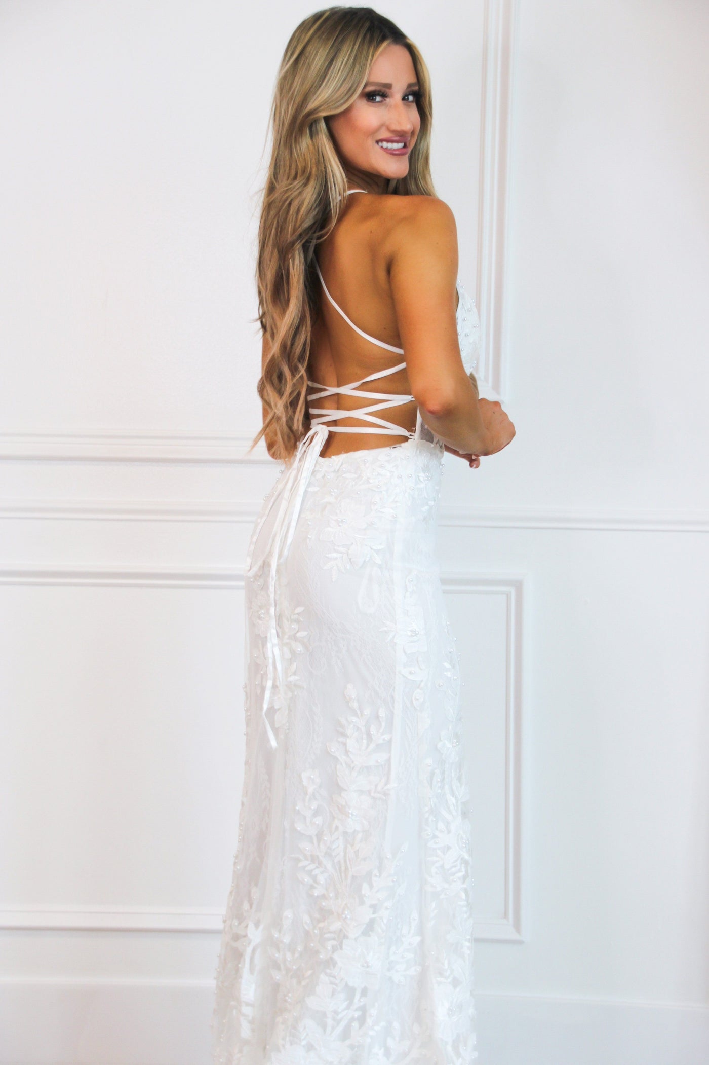 Must Be Dreaming Detachable Skirt Lace Applique Wedding Dress: White - Bella and Bloom Boutique