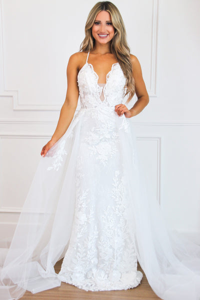 Must Be Dreaming Detachable Skirt Lace Applique Wedding Dress: White - Bella and Bloom Boutique