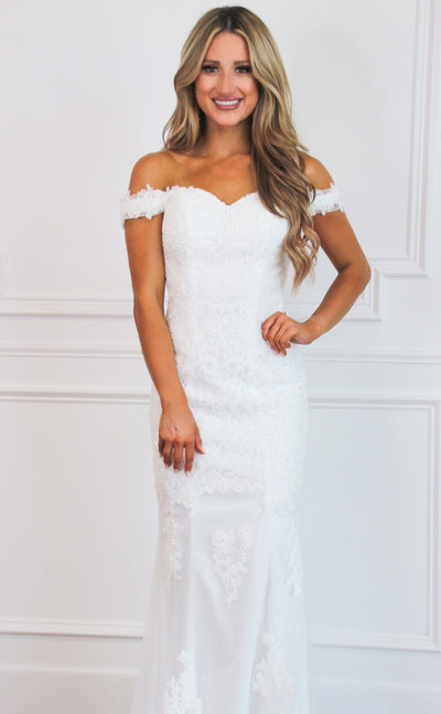 Laced in Love Off Shoulder Wedding Dress: White - Bella and Bloom Boutique