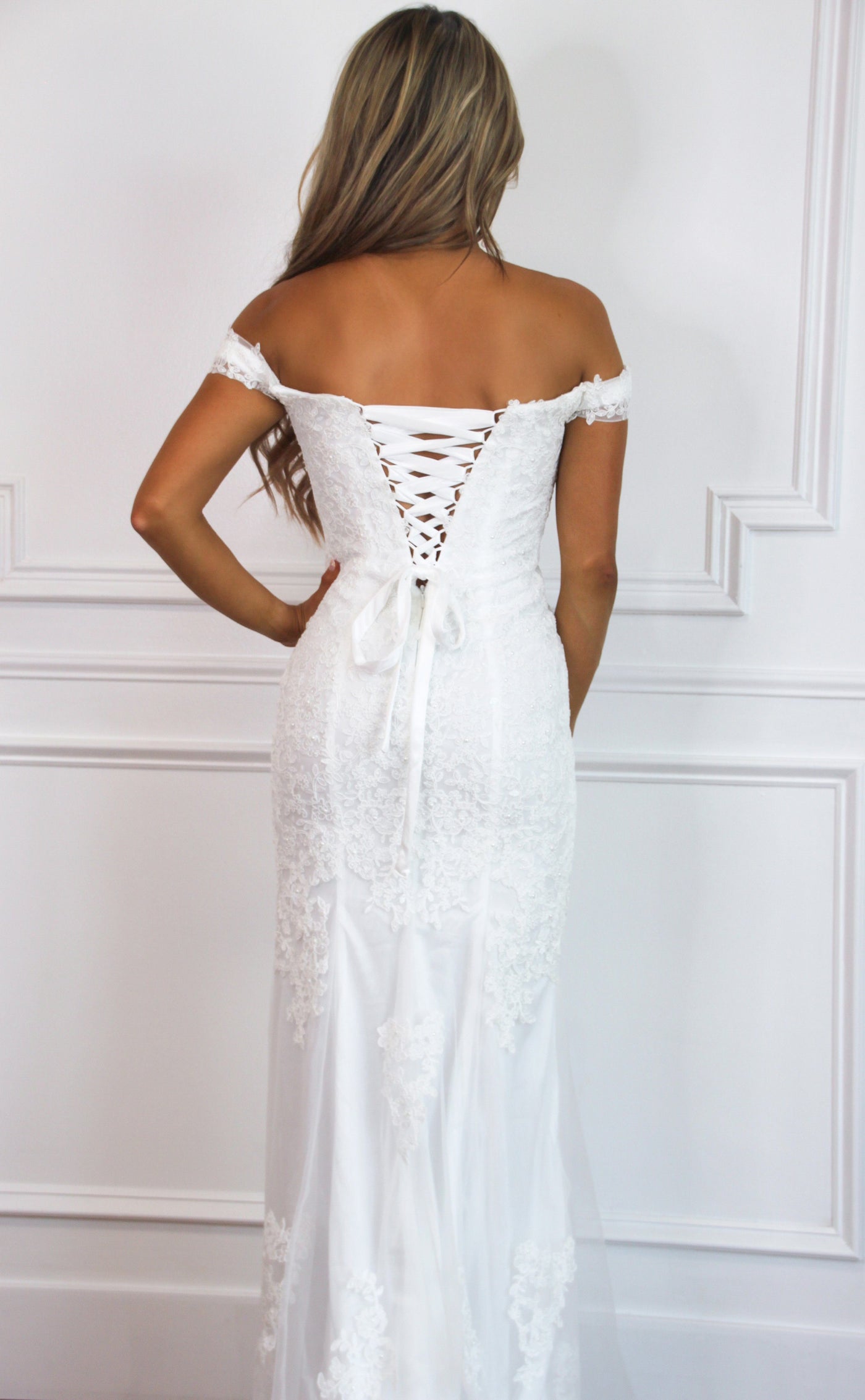 Laced in Love Off Shoulder Wedding Dress: White - Bella and Bloom Boutique
