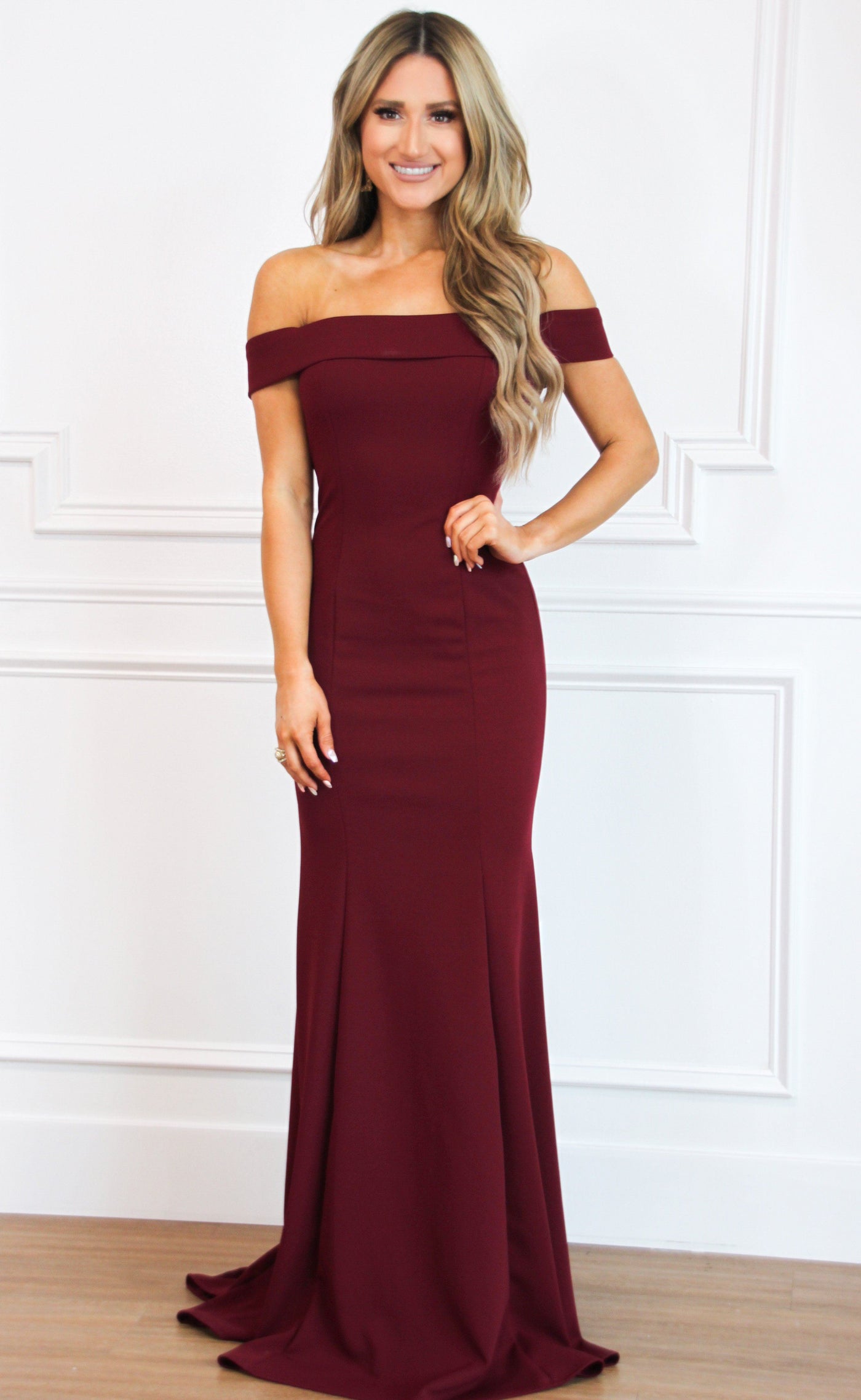 Whitney Off Shoulder Long Dress: Burgundy - Bella and Bloom Boutique