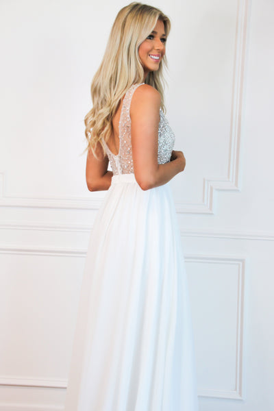Elegant Affair Beaded Maxi Dress: White - Bella and Bloom Boutique